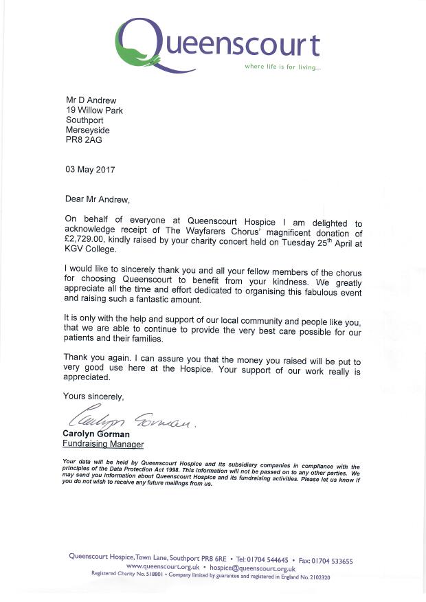 Thank you letter from Queenscourt Hospice to Wayfarers Chorus
